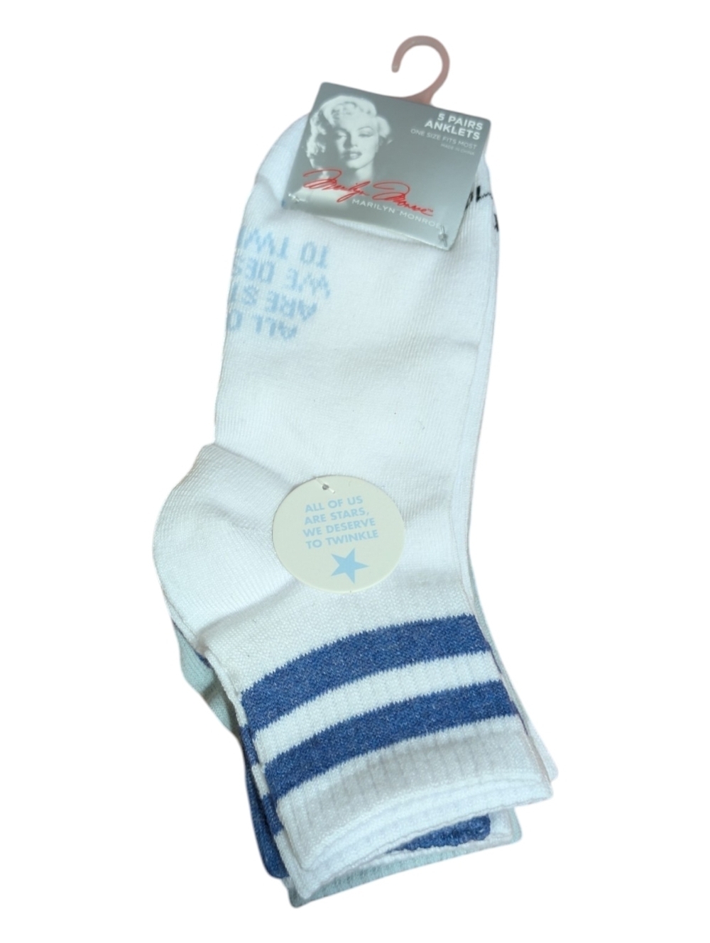 Marilyn Monroe "All Of Us Are Stars" Blue Ankle Socks with Blue Stripe Accent